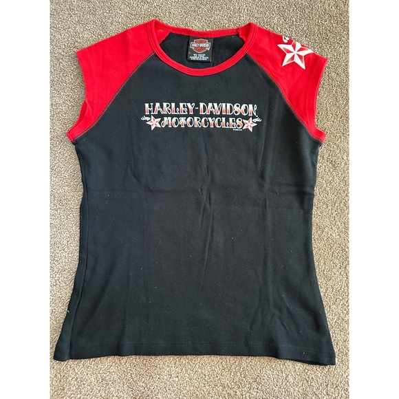 Harley-Davidson Tops - Harley-Davidson Vintage 2005 Sleeveless Raglan Top Black Red Large Rochester NY